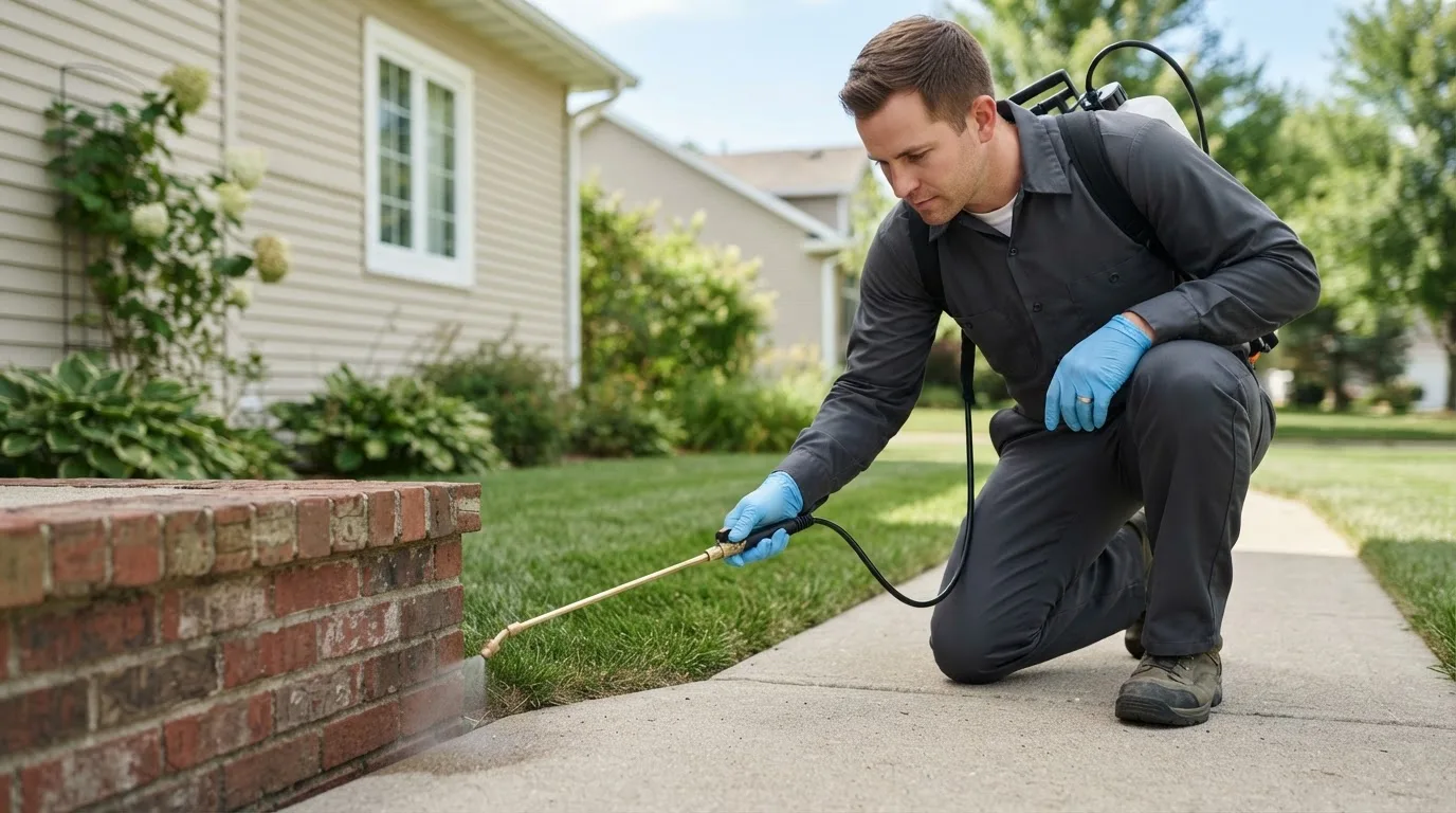 Pest control technician treating a home near Kennebunkport, ME
