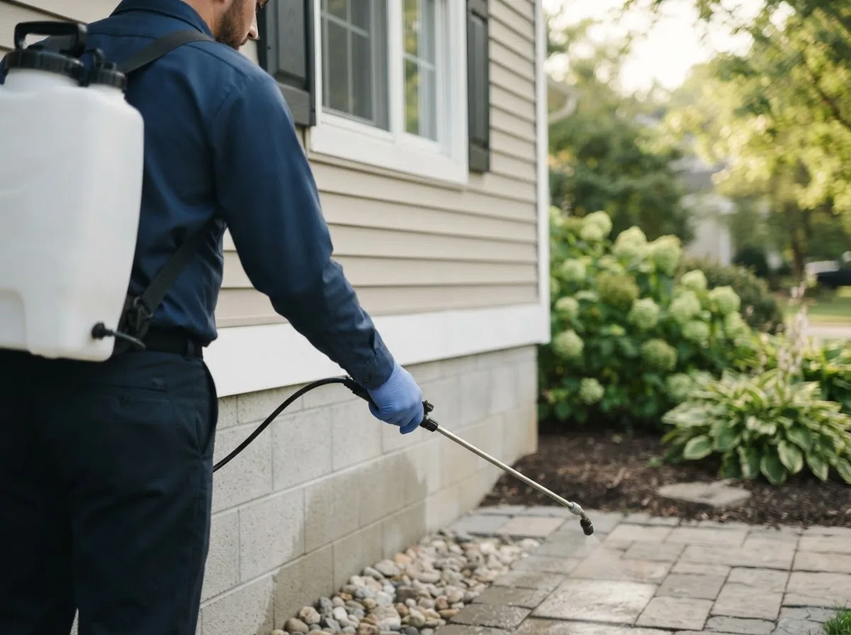 Pest control technician inspecting a home in Kennebunkport, ME